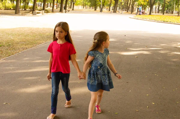 Hermanas Foto Aire Libre Dos Niñas Dos Niñas Caminan Por — Foto de Stock