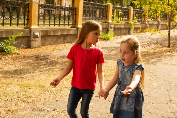 Hermanas Foto Aire Libre Dos Niñas Dos Niñas Caminan Por — Foto de Stock