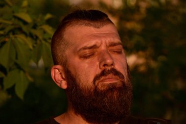 Yeşil arka planda sakallı bir adam. Gün batımında 40 yıllık sakallı bir adamın büyük yüz portresi. Tam yüz portresi. Siyah tişörtlü adam.