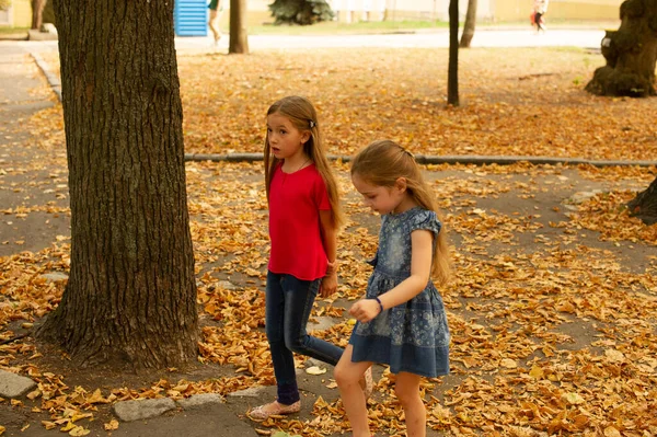 Sœurs Photo Extérieure Deux Petites Filles Deux Petites Filles Marchent — Photo