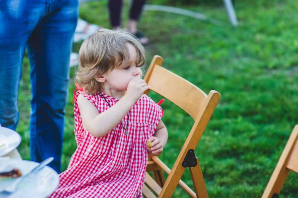 Chica Comiendo Salchicha Barbacoa Familiar Años Niña Come Salchicha Niña — Foto de Stock