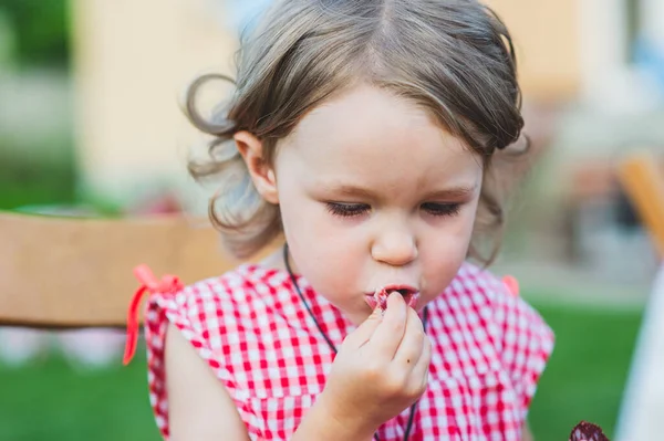 Chica Comiendo Salchicha Barbacoa Familiar Años Niña Come Salchicha Niña —  Fotos de Stock