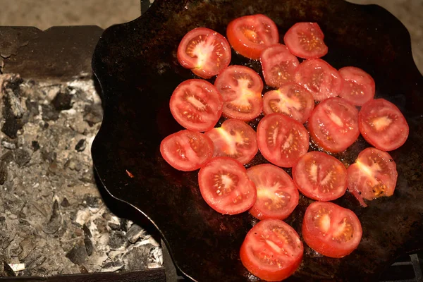 Grill Tomato Grilled Vegetables Tomatoes Fire Pan Vegetables — Stock Photo, Image