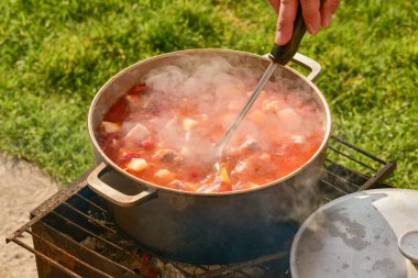 Avludaki kazıkta çorbayla birlikte dökme demir kazan. Yaz günü ve çiçek tarhının yanındaki temiz havada akşam yemeği. Çorba kazıkta bir kazanda hazırlanır. Kazıkta çorba pişirmek.