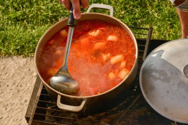 Avludaki kazıkta çorbayla birlikte dökme demir kazan. Yaz günü ve çiçek tarhının yanındaki temiz havada akşam yemeği. Çorba kazıkta bir kazanda hazırlanır. Kazıkta çorba pişirmek.