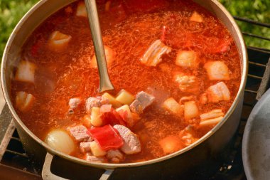 Avludaki kazıkta çorbayla birlikte dökme demir kazan. Yaz günü ve çiçek tarhının yanındaki temiz havada akşam yemeği. Çorba kazıkta bir kazanda hazırlanır. Kazıkta çorba pişirmek.