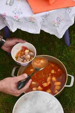 Avludaki kazıkta çorbayla birlikte dökme demir kazan. Yaz günü ve çiçek tarhının yanındaki temiz havada akşam yemeği. Çorba kazıkta bir kazanda hazırlanır. Kazıkta çorba pişirmek.