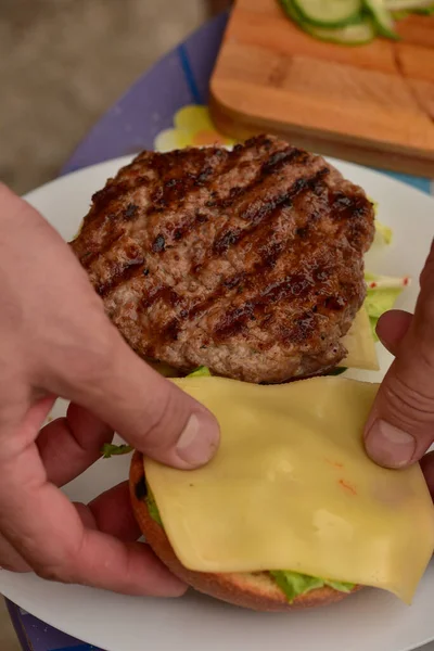 Primo Piano Hamburger Base Verdure Manzo Cucinare Hamburger Fatti Casa — Foto Stock