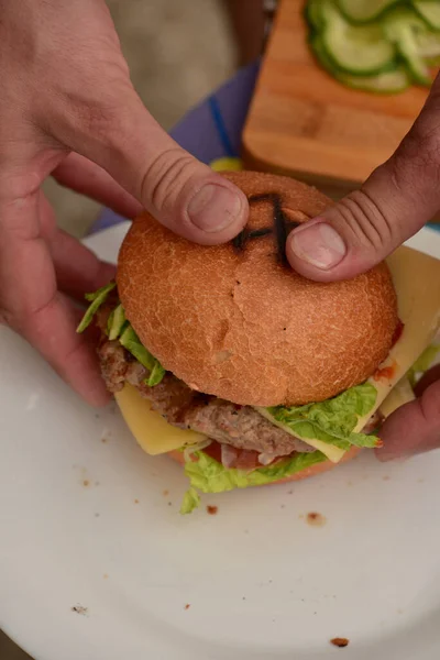 Closeup Burger Made Vegetables Beef Cooking Homemade Burgers Homemade Food — Stock Photo, Image