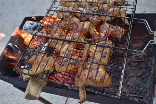 户外烹调的过程 在火刑柱边做饭鸡翅在木桩上的烤架上烹调 食品摄影 — 图库照片