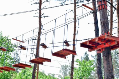 Halat kasabası. Açık havada aktif aile tatili. Parktaki bir halat kasabasının elementleri. Ormandaki halat kasabası