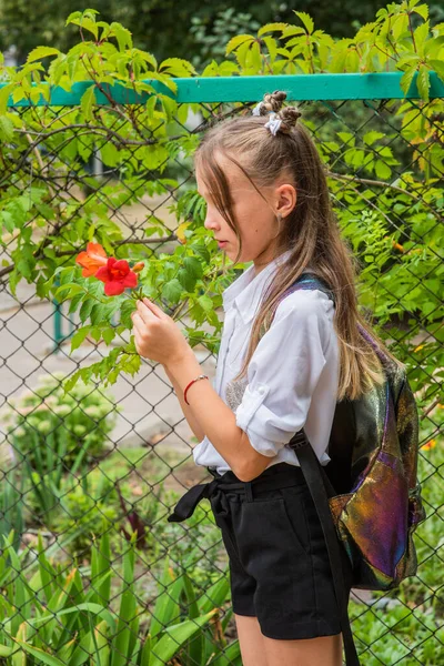 Una Niña Que Prepara Para Escuela Una Chica Con Uniforme — Foto de Stock