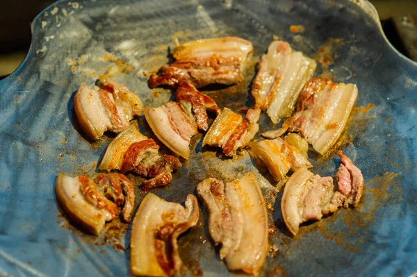 Bacon Frit Bandes Bacon Des Éruptions Cutanées Cours Cuisson Dans — Photo
