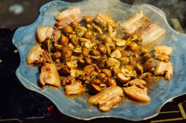 Kızarmış mantar ve pastırma ormanda ateşte bir tavada. Doğada yiyecek. Yolda yemek pişirmek. Piknik. Tavada mantar ve pastırma.