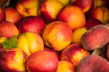 Şeftali, meyve arka planını kapat. Çok fazla şeftali. Sağlıklı yiyecek, vitamin, meyve.