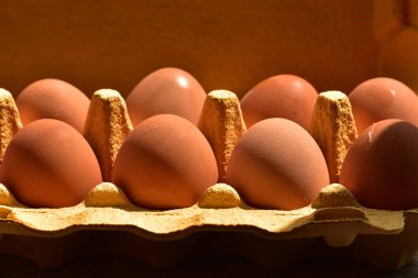 Yumurtalar paketin içinde. Yumurtalar. Tavuk yumurtası pişirmeye hazırım..