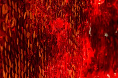 Kırmızı pullar. Pırıl pırıl pullar. Arka plan için kırmızı pullu kumaş. dikdörtgen kırmızı, pullu parlak kumaş, Noel arkaplanı. Dokuma sekansları, kırmızı boncuklar. Moda Kumaşı