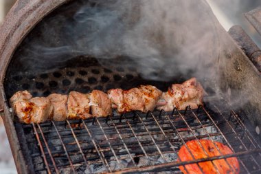 Metal şişte pişen ızgara kebap. Barbeküde pişmiş et. Barbekü taze et dilimleri. Geleneksel doğu yemeği, şiş kebap. Kömür ve alevler üzerine ızgara, piknik, sokak yemekleri