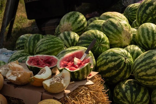 Pile Watermelons Heap Watermelon Farmers Market Seasonal Vitamins Watermelon Cut — Stock Photo, Image