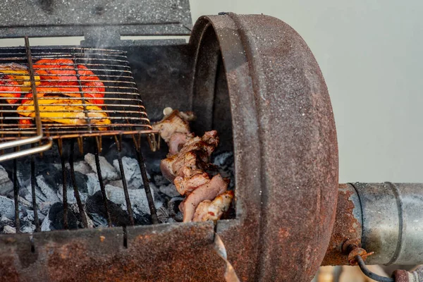 金属串を閉じる上で焼きケバブ料理 バーベキューで調理されたロースト肉 バーベキュー新鮮な牛肉の肉をスライスを切る 伝統的な東の料理 魚のケバブ チャコールと炎 ピクニック ストリートフードでグリル — ストック写真