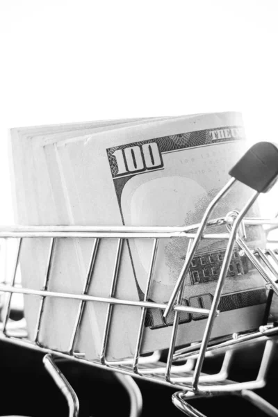 Shopping Cart Dollars Banknotes Financial Concept Many Dollars Cart — Stock Photo, Image
