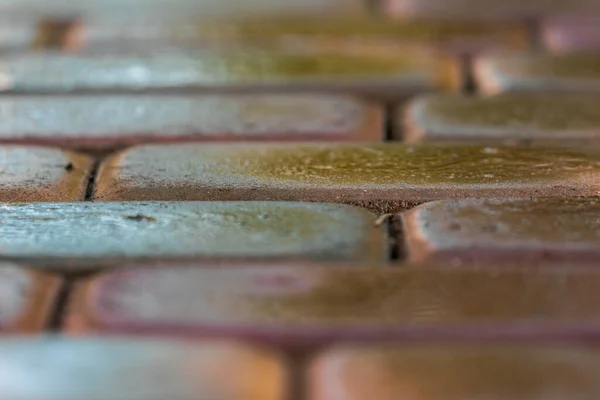 Roze Plaveisel Regen Voor Achtergrond Natte Rode Plavuizen Regen Textuur — Stockfoto