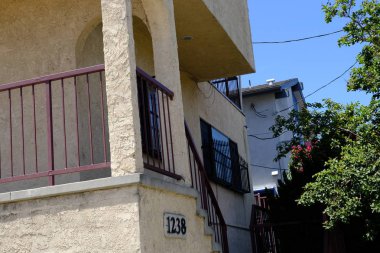 Binaların dış görünüşünün ayrıntıları ve unsurları. Los Angeles, Usa. Temmuz 2019