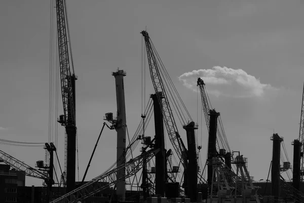 Gru portuali presso il porto industriale di Rostock — Foto Stock