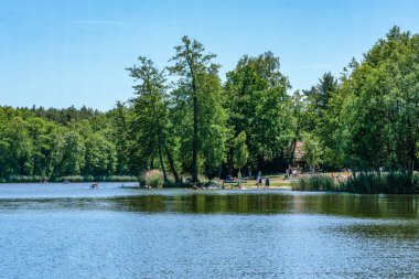 Krummersee, Bestensee, Almanya - 1 Haziran 2020: Sıcak bir yaz gününde Krummersee 'de yıkanan çocuklar ve aileler
