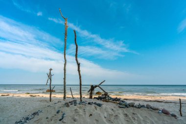 Baltık Denizi adası Ruegen 'deki Schwarbe sahilinde taş ve sopalarla dolu büyük bir kumdan kale.