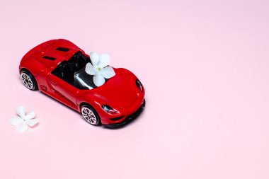 pembe arka plan üzerinde beyaz çiçek ile kırmızı oyuncak araba
