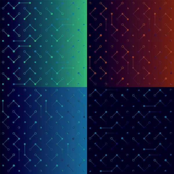 Tecnología de alta tecnología fondos establecidos en colores oscuros. Esquema de patrón sin costuras con puntos y líneas. Colores verde, azul, amarillo y morado . — Archivo Imágenes Vectoriales