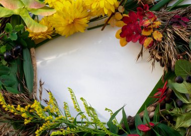 Sonbahar kompozisyon. Çerçeve kurutulmuş çiçekleri ve sonbahar yaprakları yapılmış. Üstten Görünüm, düz yatıyordu