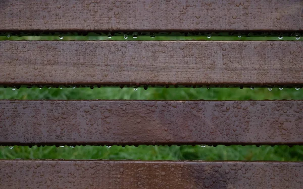Fragment van houten bankje in het park met waterdruppels na de regen — Stockfoto