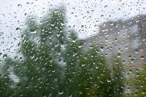 Chuva Cai Janela Com Árvore Verde Fundo — Fotografia de Stock