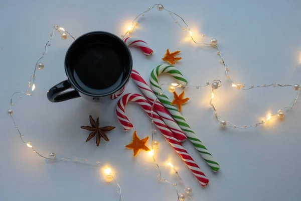 New Year Concept Christmas Winter Black Cup Hot Coffee Candy — Stock Photo, Image