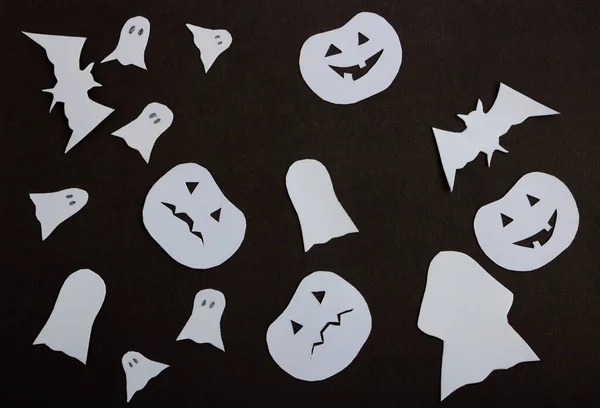 Concepto Fiesta Halloween Decoraciones Halloween Calabazas Murciélagos Fantasmas Sobre Fondo — Foto de Stock