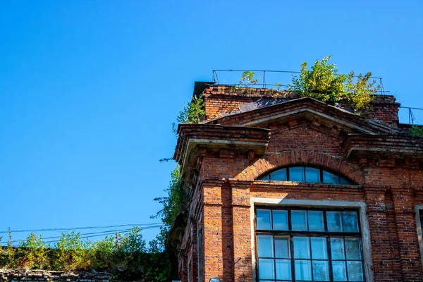 Fassade Eines Alten Backsteinhauses Mit Großem Fenster Und Bäumen Auf — Stockfoto