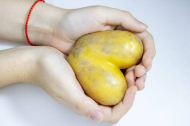 Beyaz bir arkaplanda sarı bir patates kalbi tutan eller. Mesajın için yer aç..