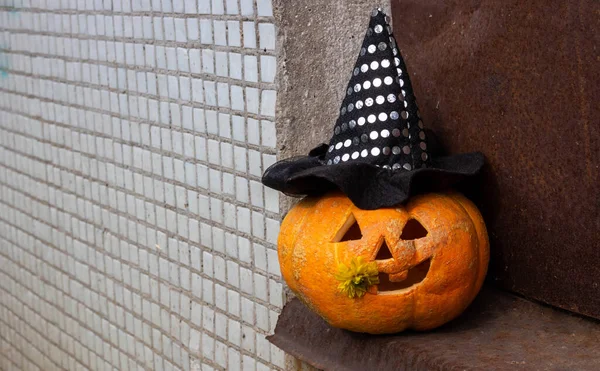 Calabaza Divertida Sombrero Bruja Sobre Una Plancha Oxidada Concepto Halloween — Foto de Stock