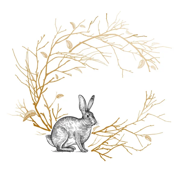 Cadre Décoratif Avec Branches Arbres Feuilles Lièvre Animal Impression Feuille — Image vectorielle