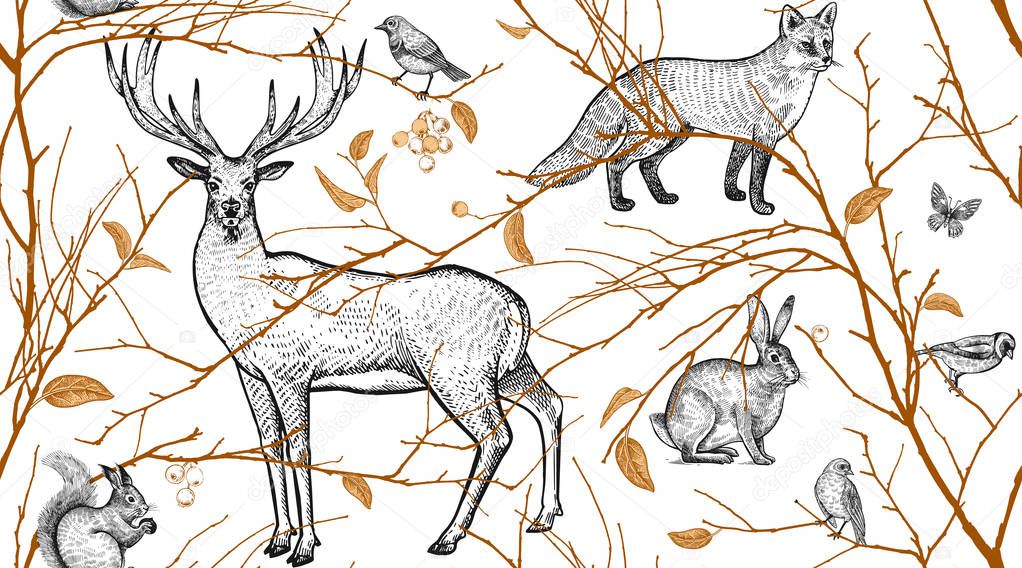 Seamless pattern with tree branches, forest animals and birds. Deer, fox, hare, squirrel. Vector illustration art. Natural design for fabrics, textiles, paper, wallpapers. Gold black, white. Vintage.