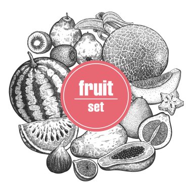 Dekorasyon meyve ve çilek ile. Karpuz, kavun, muz, kivi, ayva, greyfurt, papaya, incir ve carambola. Siyah ve beyaz. Vintage vektör çizim sanat. El çizimi. Mutfak tasarımı.