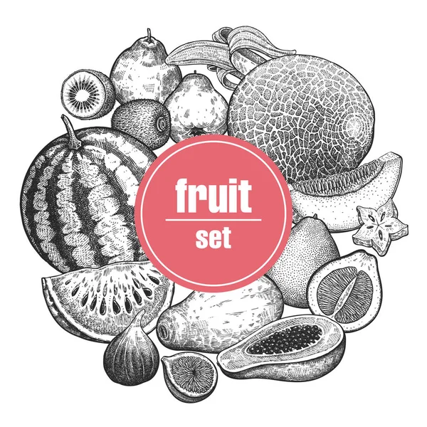 Décoration Aux Fruits Baies Pastèque Melon Banane Kiwi Coing Pamplemousse — Image vectorielle
