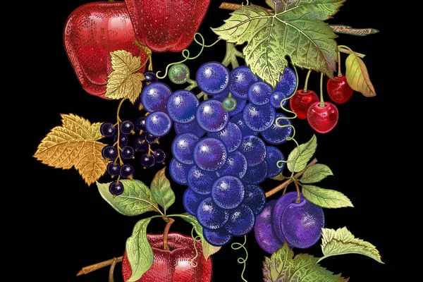 Motif Sans Couture Avec Des Fruits Pomme Raisin Cerise Prune — Image vectorielle