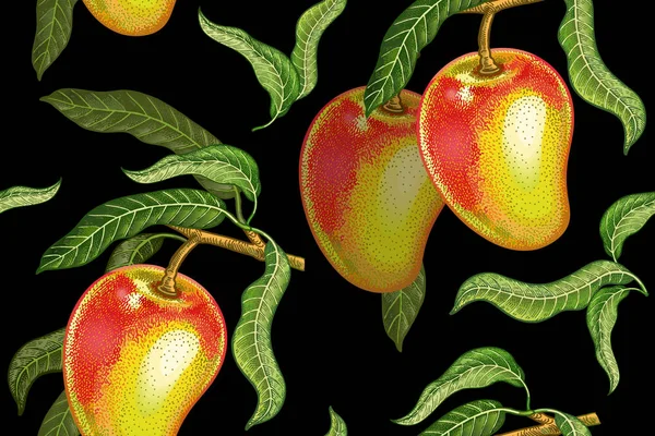 Wzór Mango Realistyczne Wektor Ilustracja Roślin Ręka Kredki Rysunek Owoców — Wektor stockowy