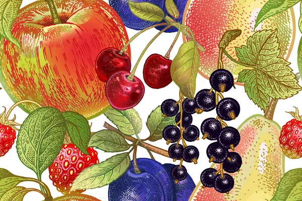 Modèle Sans Couture Vintage Fruits Pomme Cerise Prune Cassis Fraise — Image vectorielle