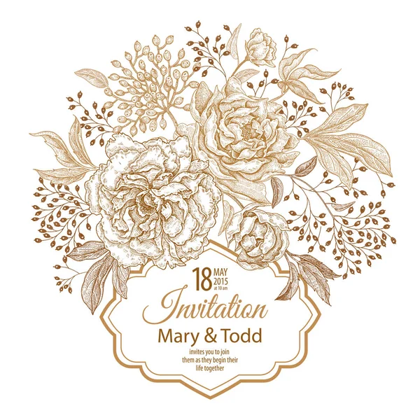 Vintage Frame Flowers Berries Print Golden Foil White Background Roses — Stock Vector