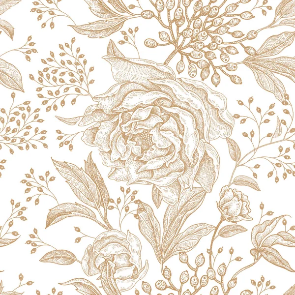 Pivoines Roses Motif Floral Vintage Sans Couture Fleurs Feuilles Branches — Image vectorielle