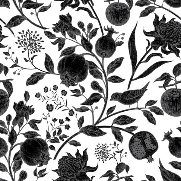 异国情调的花朵 鸟类和水果 在风格复古豪华面料的无缝矢量花卉图案 艺术矢量插图 纺织品 机箱电话封面设计的不寻常模板 — 图库矢量图片